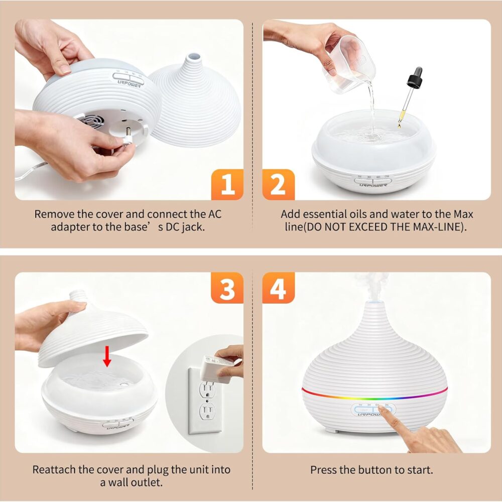 URPOWER 300ml Ultrasonic Aroma Diffuser & Humidifier with Timer (Striped White) - Image 4