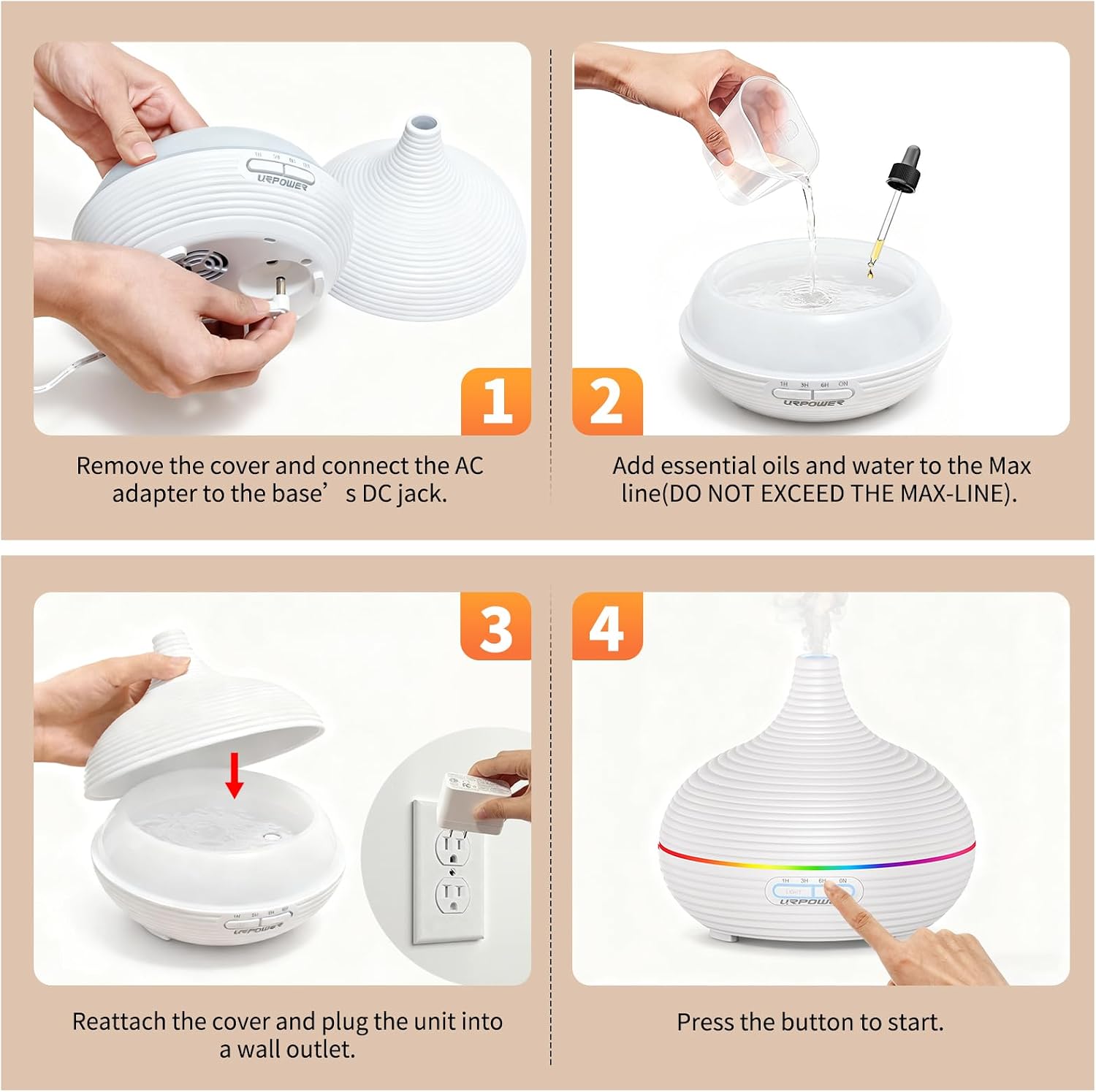 URPOWER 300ml Ultrasonic Aroma Diffuser & Humidifier with Timer (Striped White) - Image 4